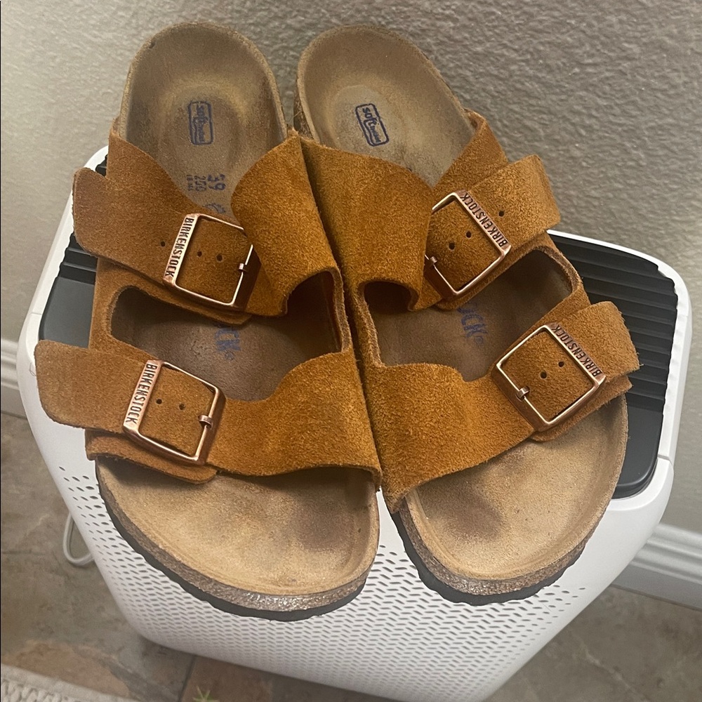 Birkenstock Suede Two-Strap Sandals in Cognac brown box says “Mink”